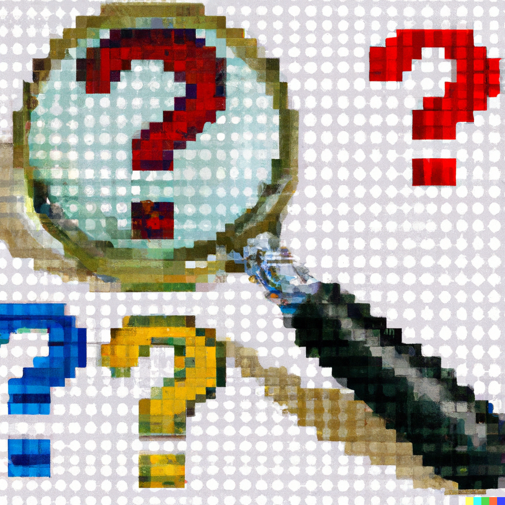 "Pixel art of a magnifying glass over question marks"